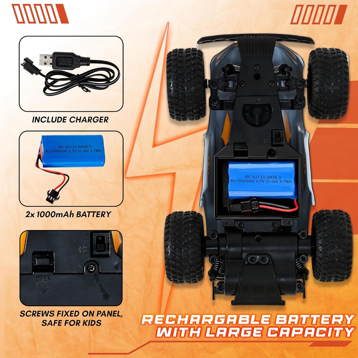 Turbo Racers Off-Road RC Car 1:20 - Black & Yellow– 20km/h High-Speed with LED & Rechargeable Batteries