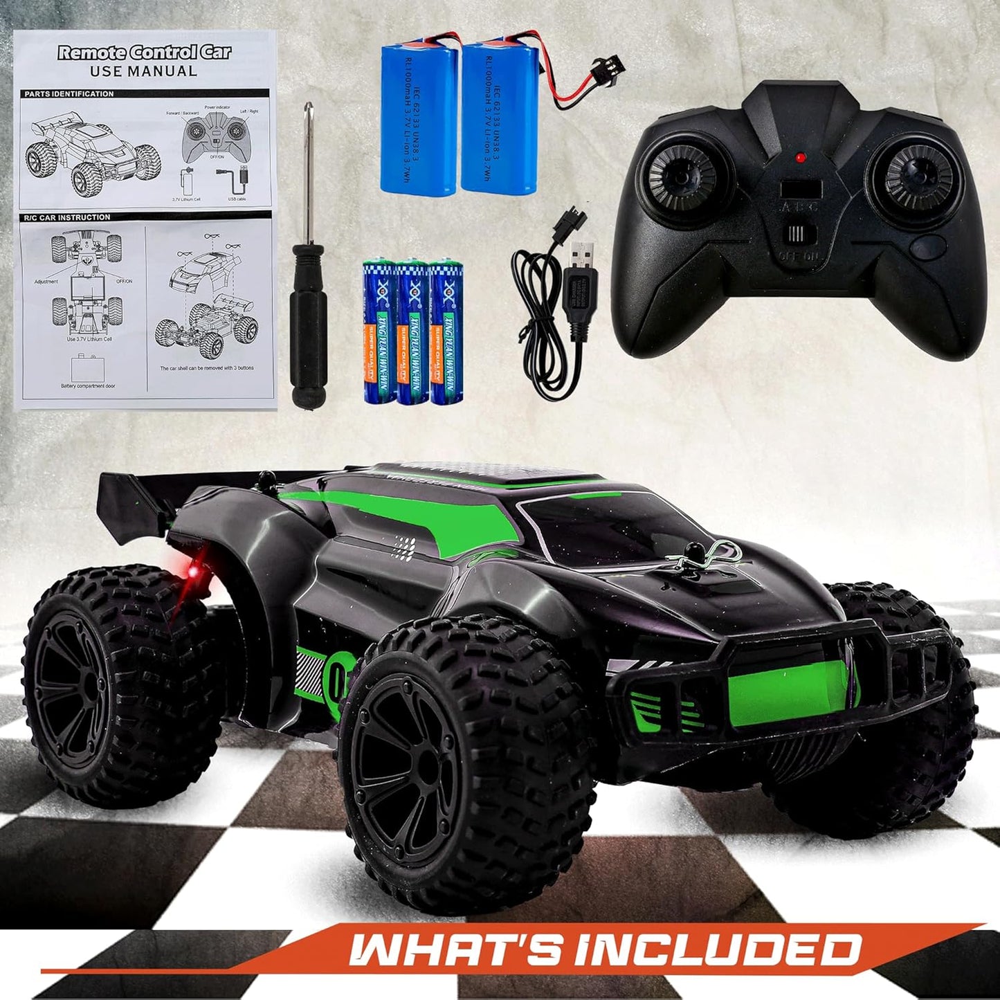 Turbo Racers Off-Road RC Car 1:20 - Black & Green – 20km/h High-Speed with LED & Rechargeable Batteries