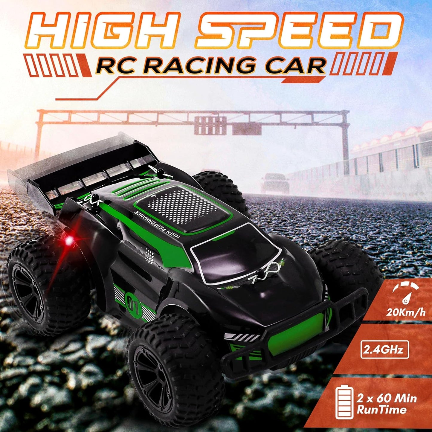 Turbo Racers Off-Road RC Car 1:20 - Black & Green – 20km/h High-Speed with LED & Rechargeable Batteries