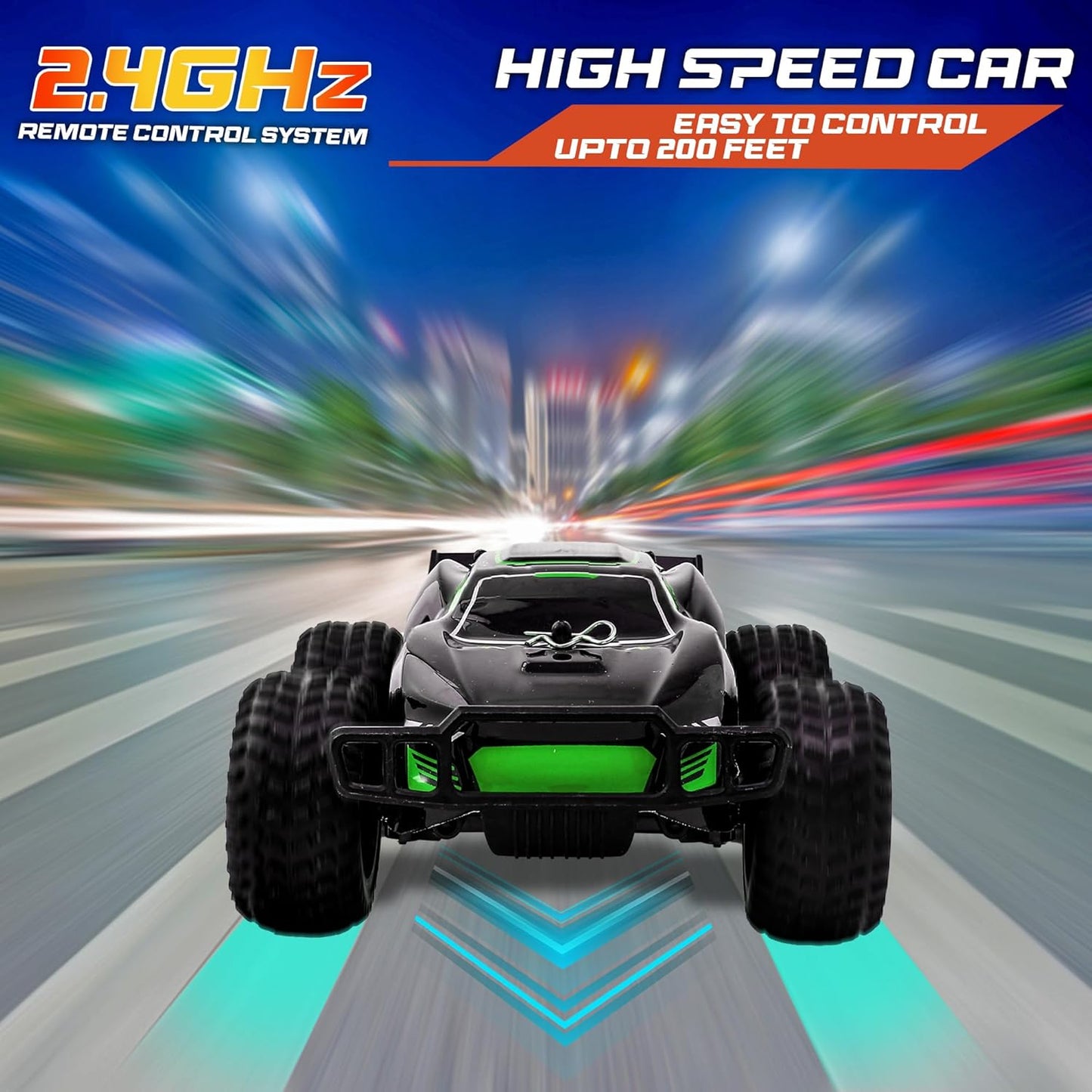 Turbo Racers Off-Road RC Car 1:20 - Black & Green – 20km/h High-Speed with LED & Rechargeable Batteries