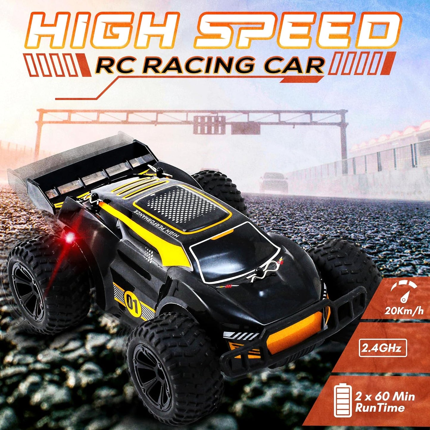 Turbo Racers Off-Road RC Car 1:20 - Black & Yellow– 20km/h High-Speed with LED & Rechargeable Batteries