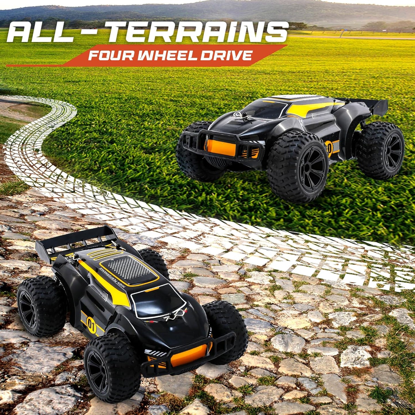 Turbo Racers Off-Road RC Car 1:20 - Black & Yellow– 20km/h High-Speed with LED & Rechargeable Batteries